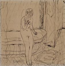 Pierre Bonnard (1867-1947), Femme nue debout devant une baignoire, à ses pieds, un tapis de bain. Dessin (plume, encre brune, mine de plomb), 14,9 × 15 cm. Paris, musée d’Orsay, conservé au musée du Louvre