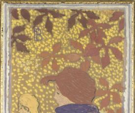 Pierre Bonnard (1867-1947), Femmes au jardin : femme à la pèlerine. Fait partie d’un ensemble de quatre panneaux décoratifs, originellement conçus comme un paravent. 1891, peinture (détrempe à la colle sur toile), 160,5 × 48 cm. Paris, musée d’Orsay
