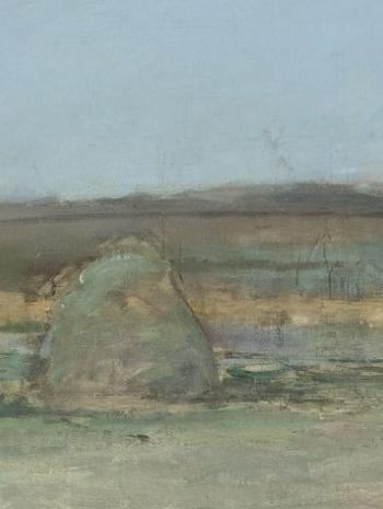 Jules Bastien-Lepage (1848-1884), Les Foins (détail de la ligne d’horizon et du paysage à l’arrière-plan). 1877, peinture (huile sur toile), 160 × 195 cm. Paris, musée d’Orsay (RF 2748)