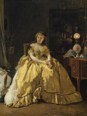 Alfred Stevens (1823-1906), Rentrée du monde, dit aussi La Femme en jaune, retour du bal ou Rentrée du bal. Vers 1867, peinture (huile sur bois), 85 × 75 cm. Compiègne, musée national du château de Compiègne (C.53.D.73)