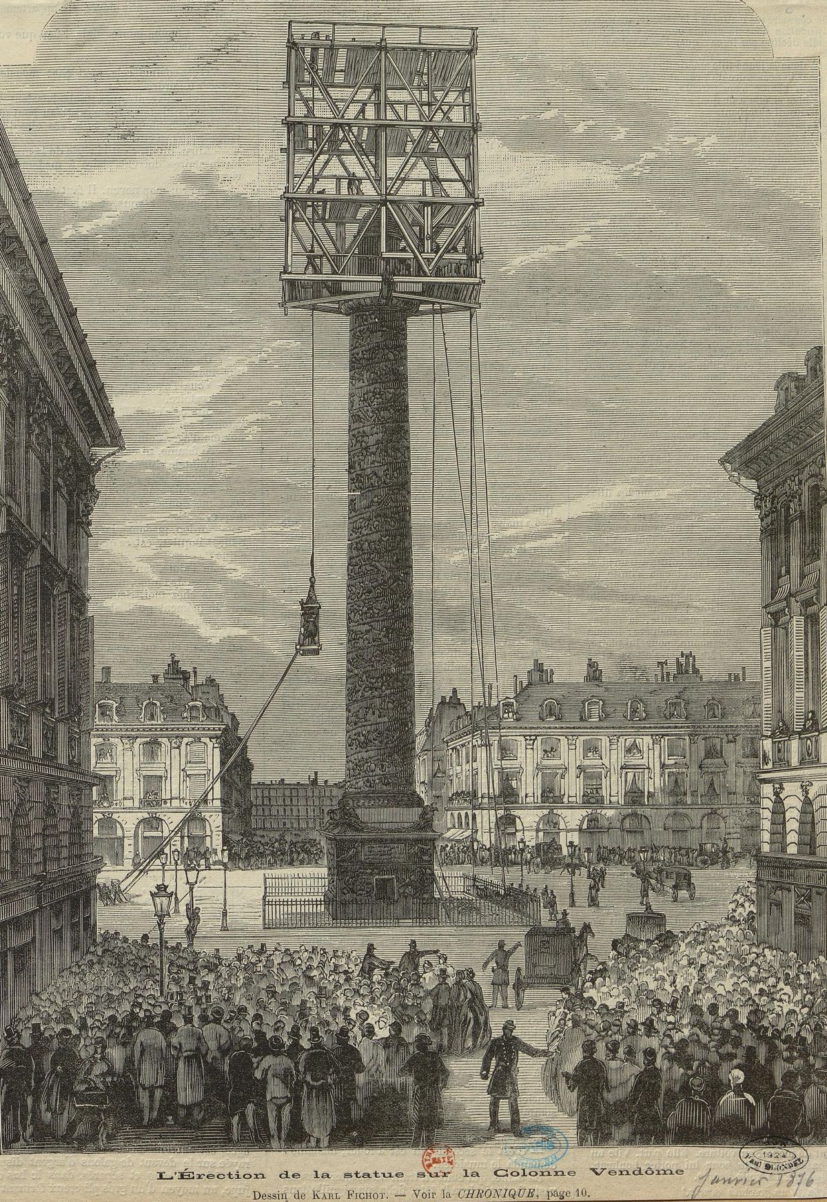 Mise en place de la statue de Napoléon Ier sur la colonne Vendôme