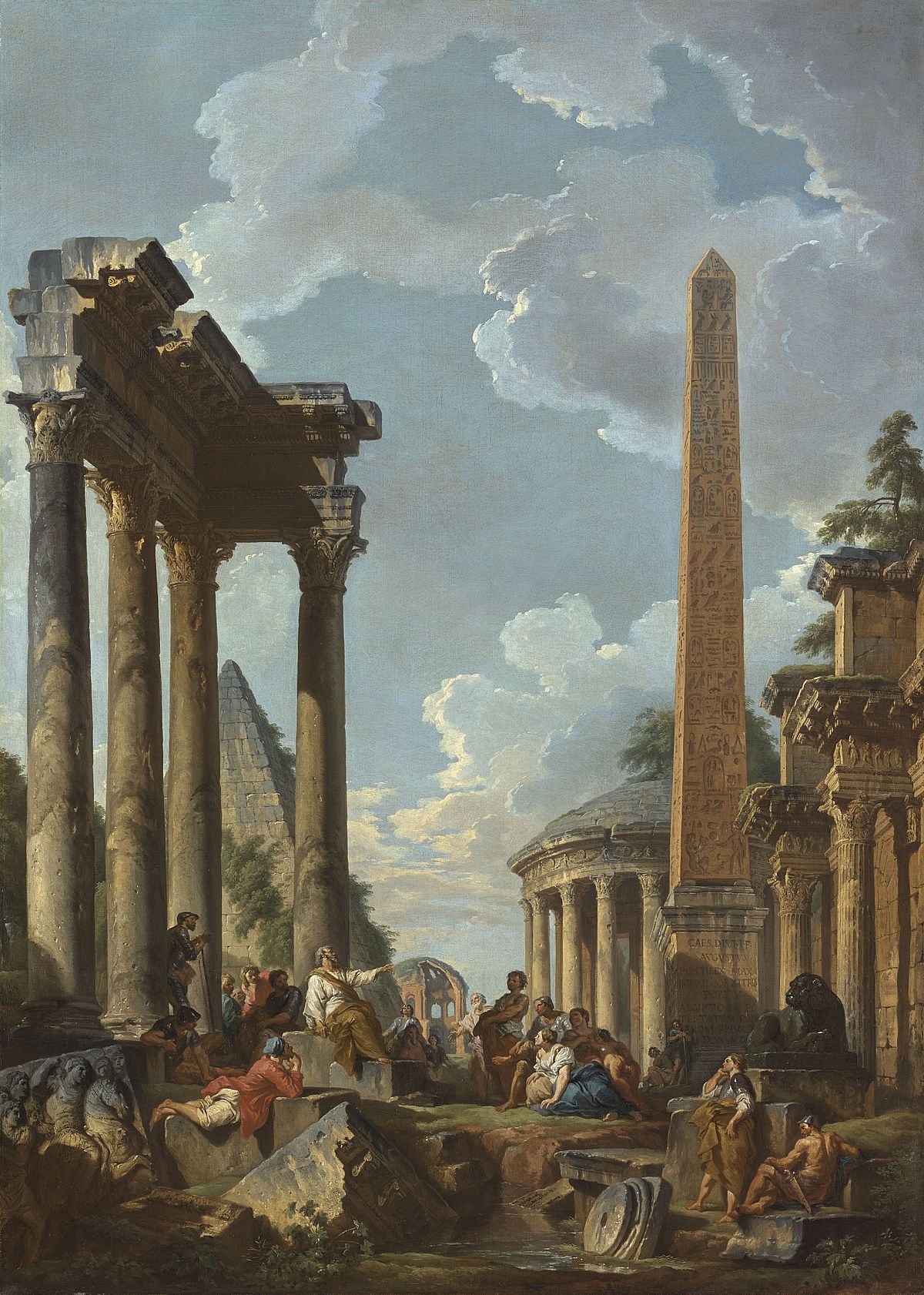 Caprice architectural avec prédicateur dans des ruines romaines