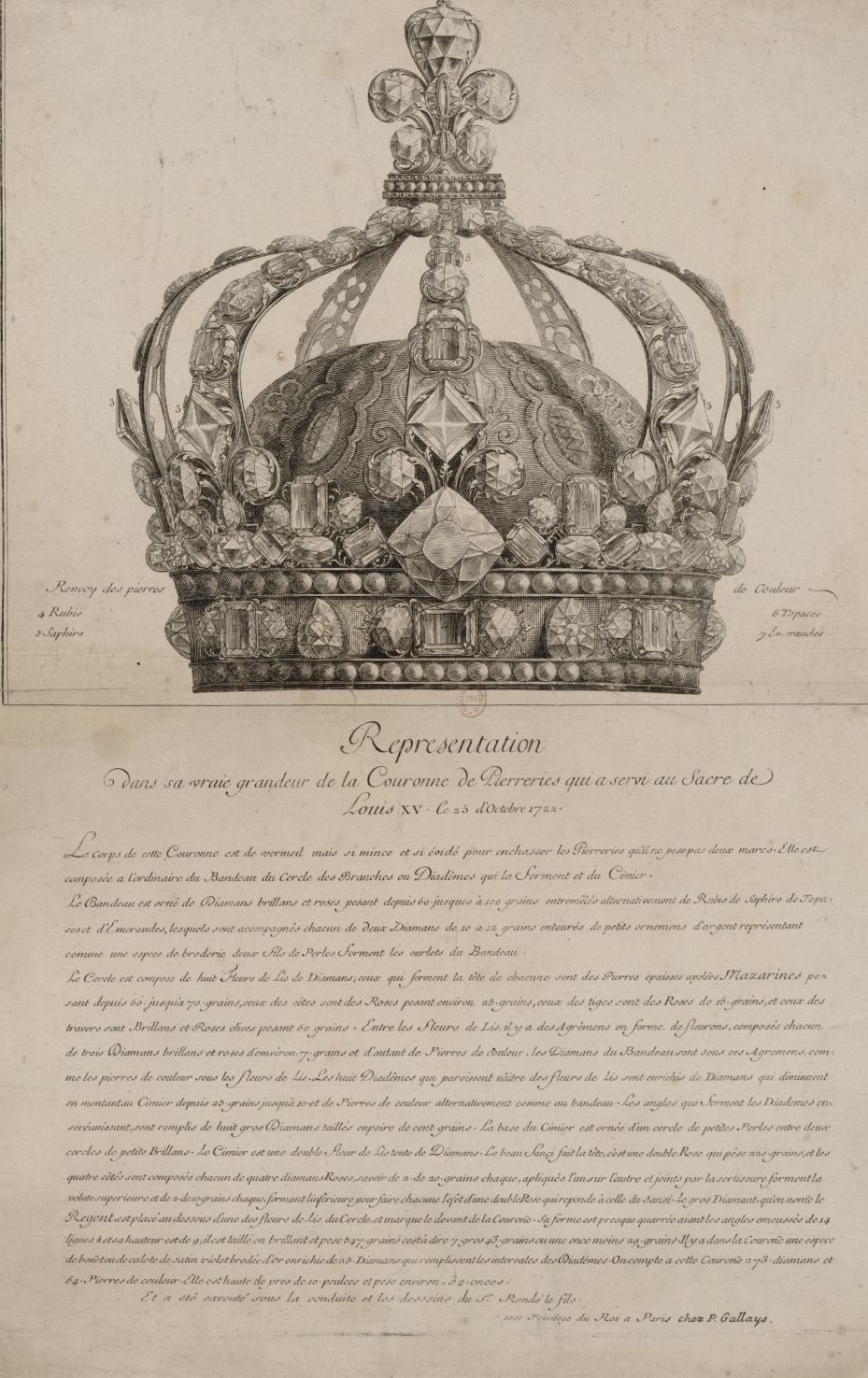 Représentation dans sa vraie grandeur de la couronne de pierreries qui a servi au sacre de Louis XV le 25 d'octobre 1722 Représentation dans sa vraie grandeur de la couronne de pierreries qui a servi au sacre de Louis XV le 25 d'octobre 1722