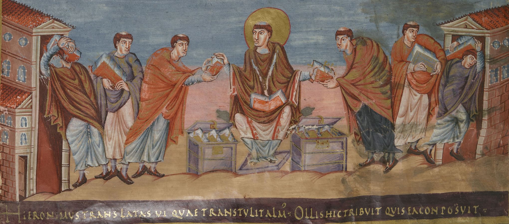 Saint Jérôme travaillant avec ses scribes et distribuant la "Vulgate" Saint Jérôme travaillant avec ses scribes et distribuant la "Vulgate"