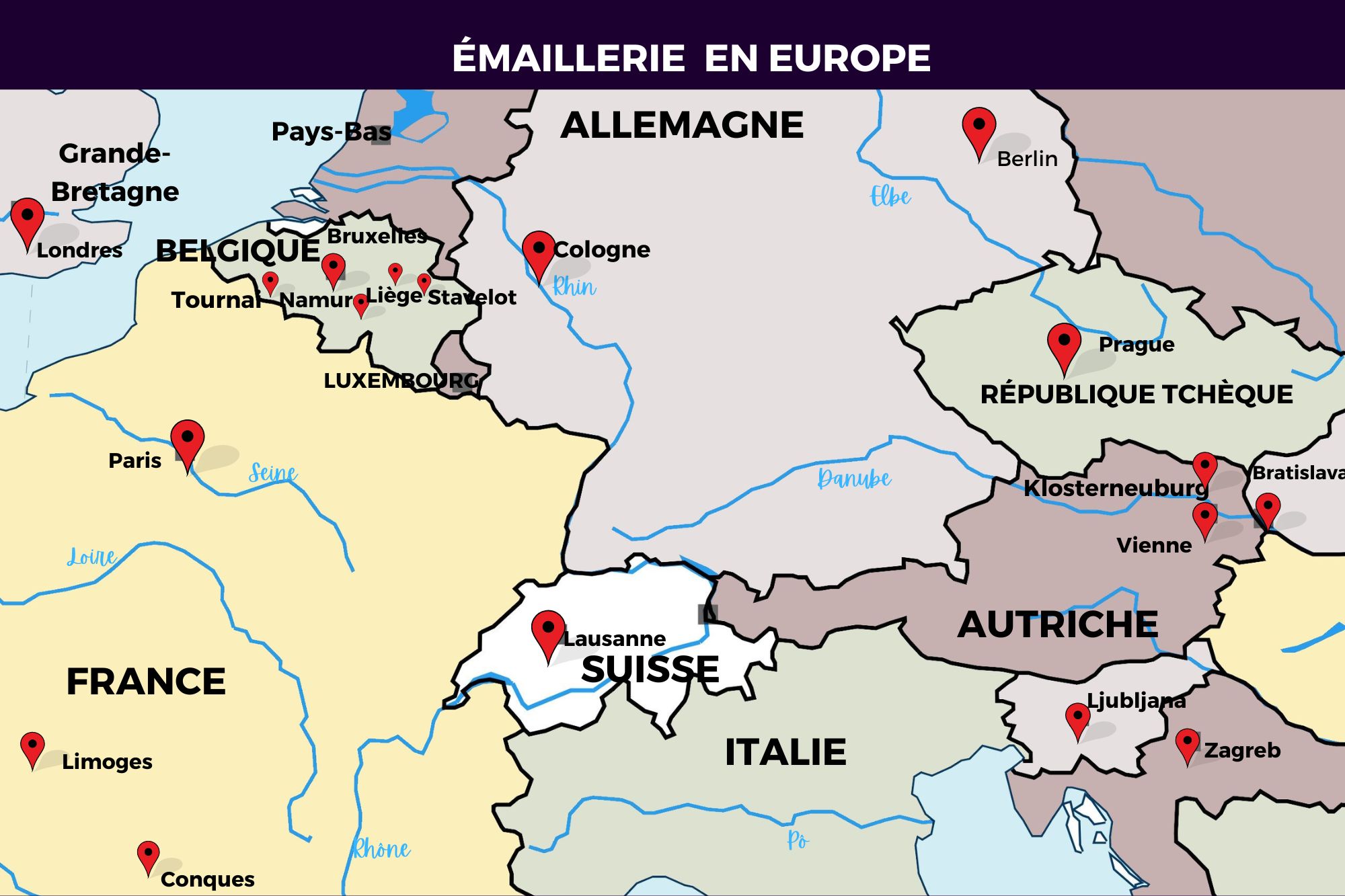 Carte géogoraphique des centres de l'émaillerie