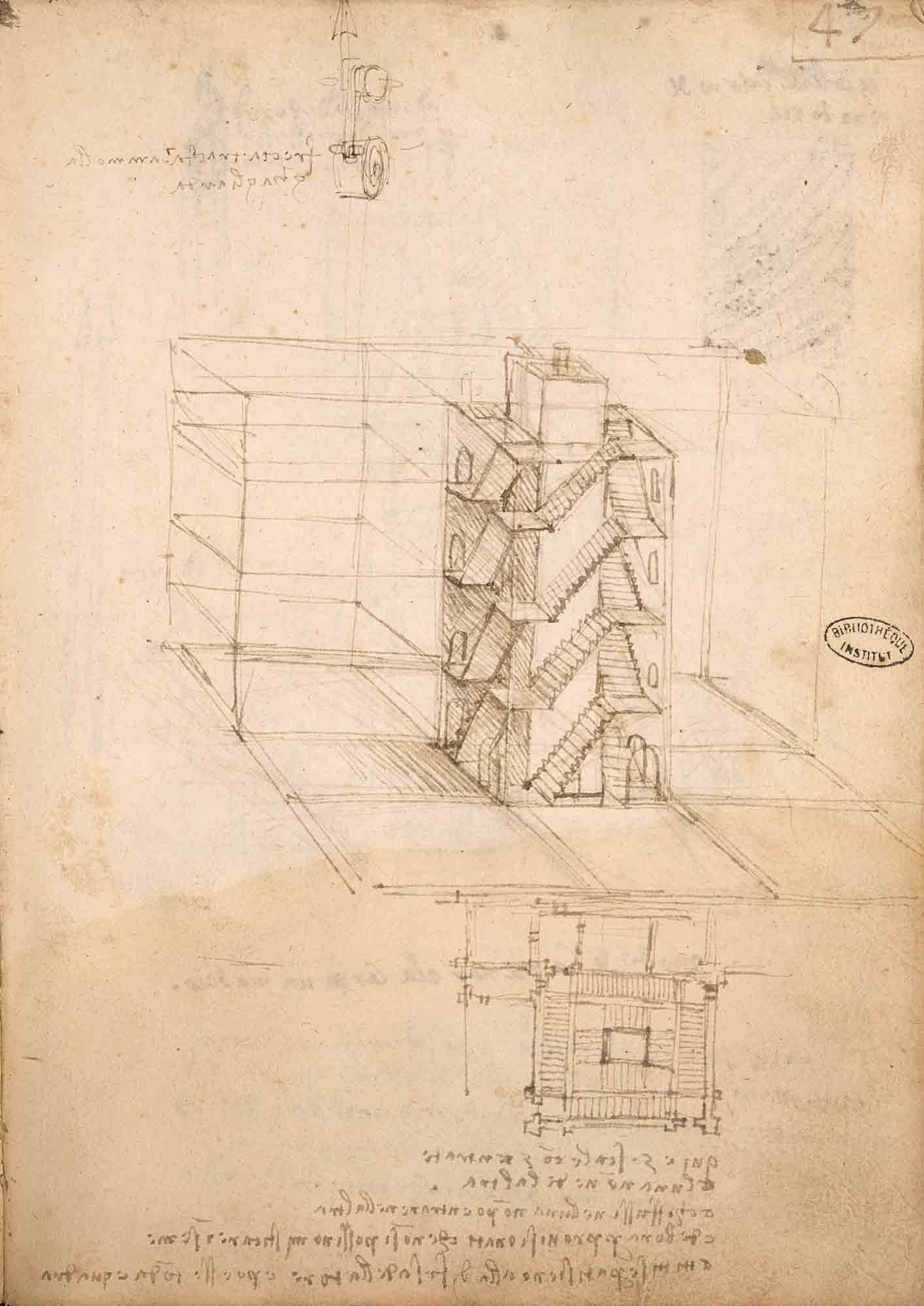 Manuscrit B. Flèche à ressort. Plan d'escalier.