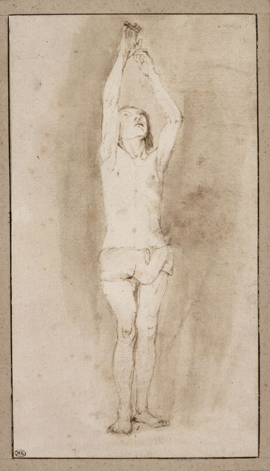 Jeune garçon en pagne, les deux mains accrochées à une petite barre