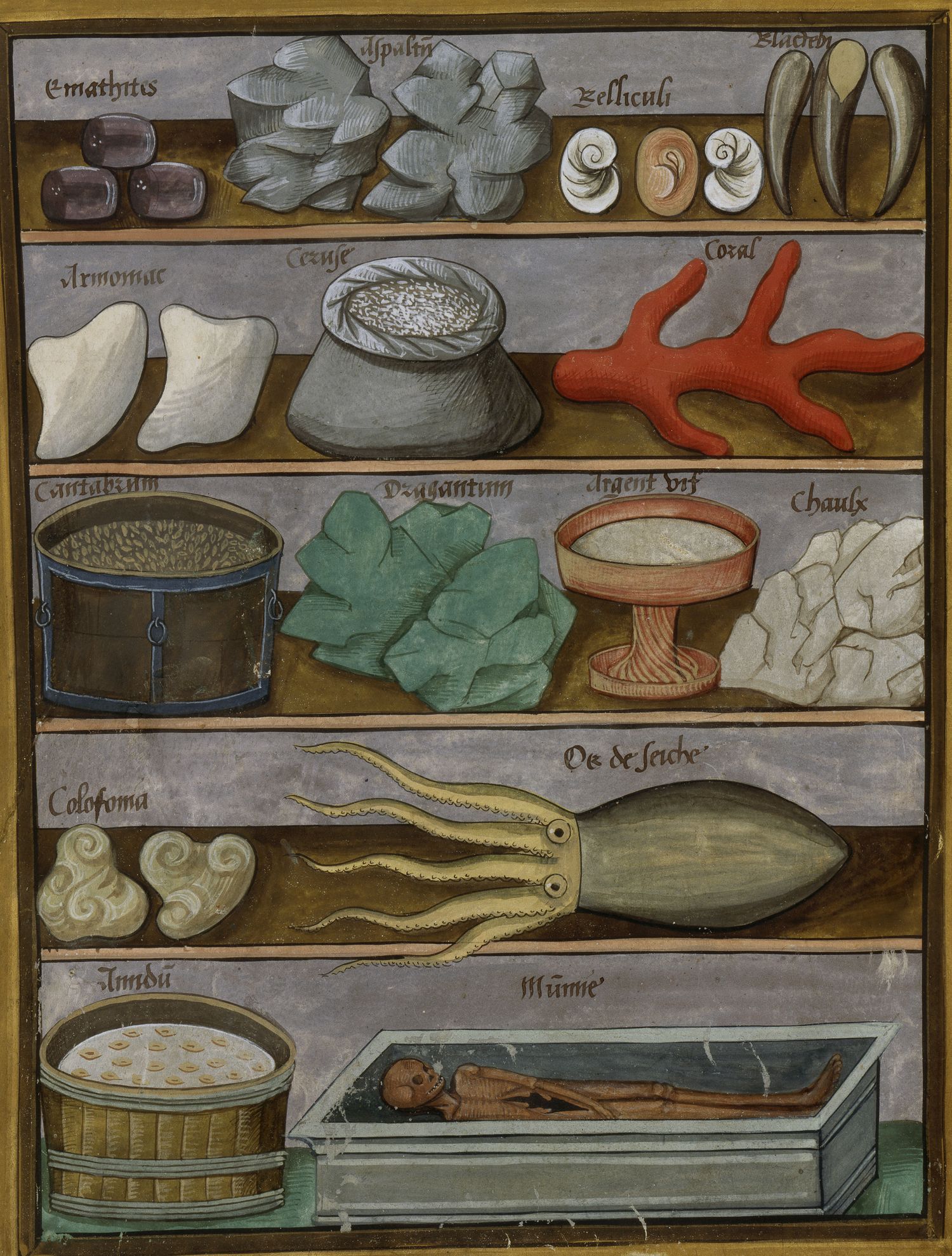 Hématite, bitume, coquillages, gomme, corail, son, vitriol, vif-argent, chaux, colophane, seiche, amidon, momie