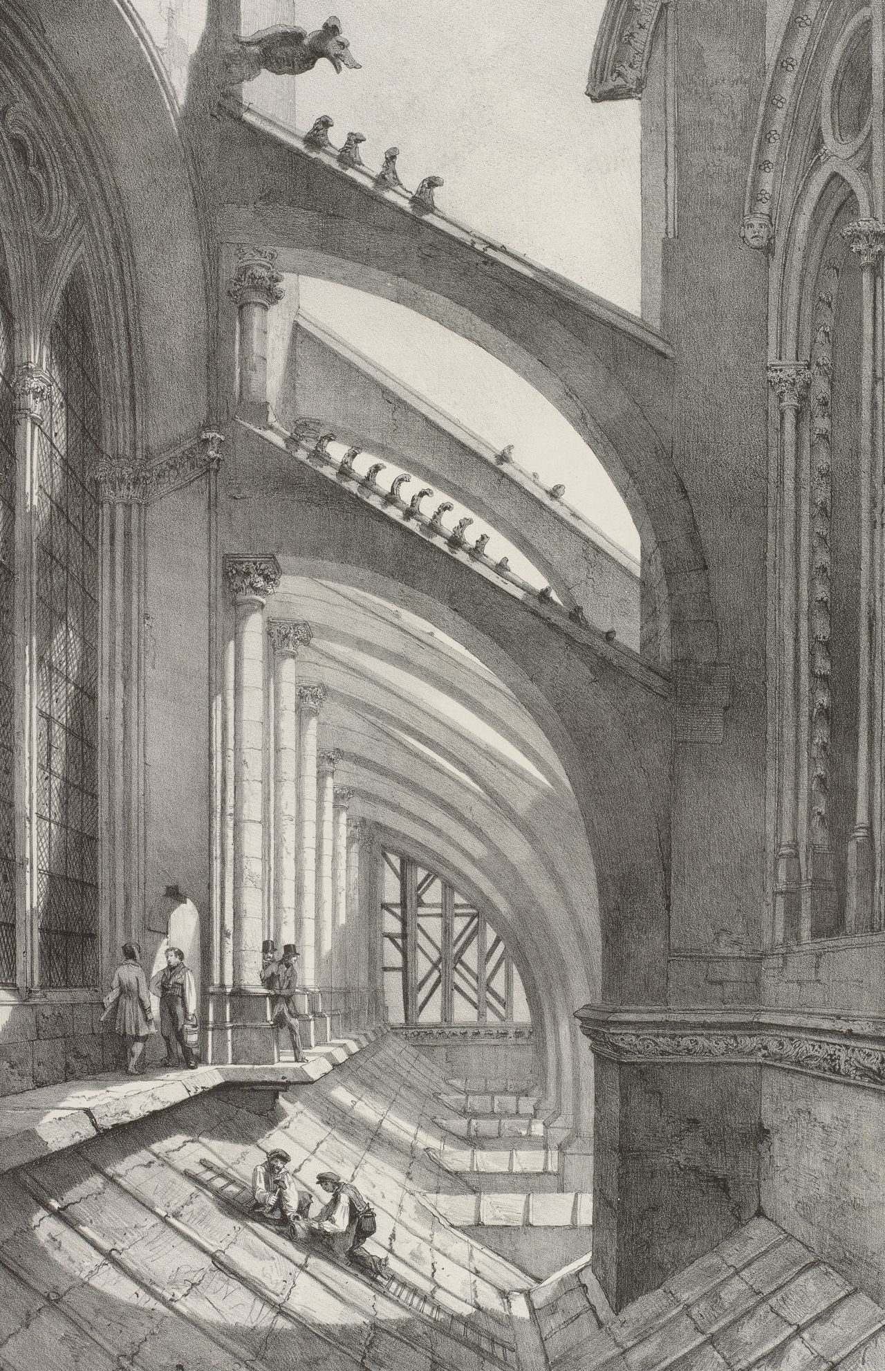 Perspective des contreforts et commencement des rues perdues de Notre-Dame de Reims