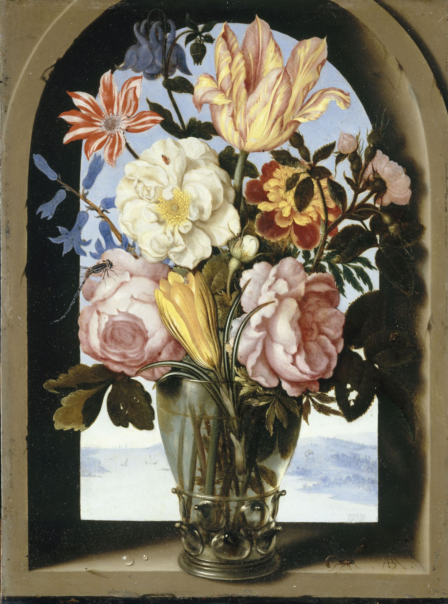 Bouquet de fleurs dans une arcature de pierre s’ouvrant sur un paysage