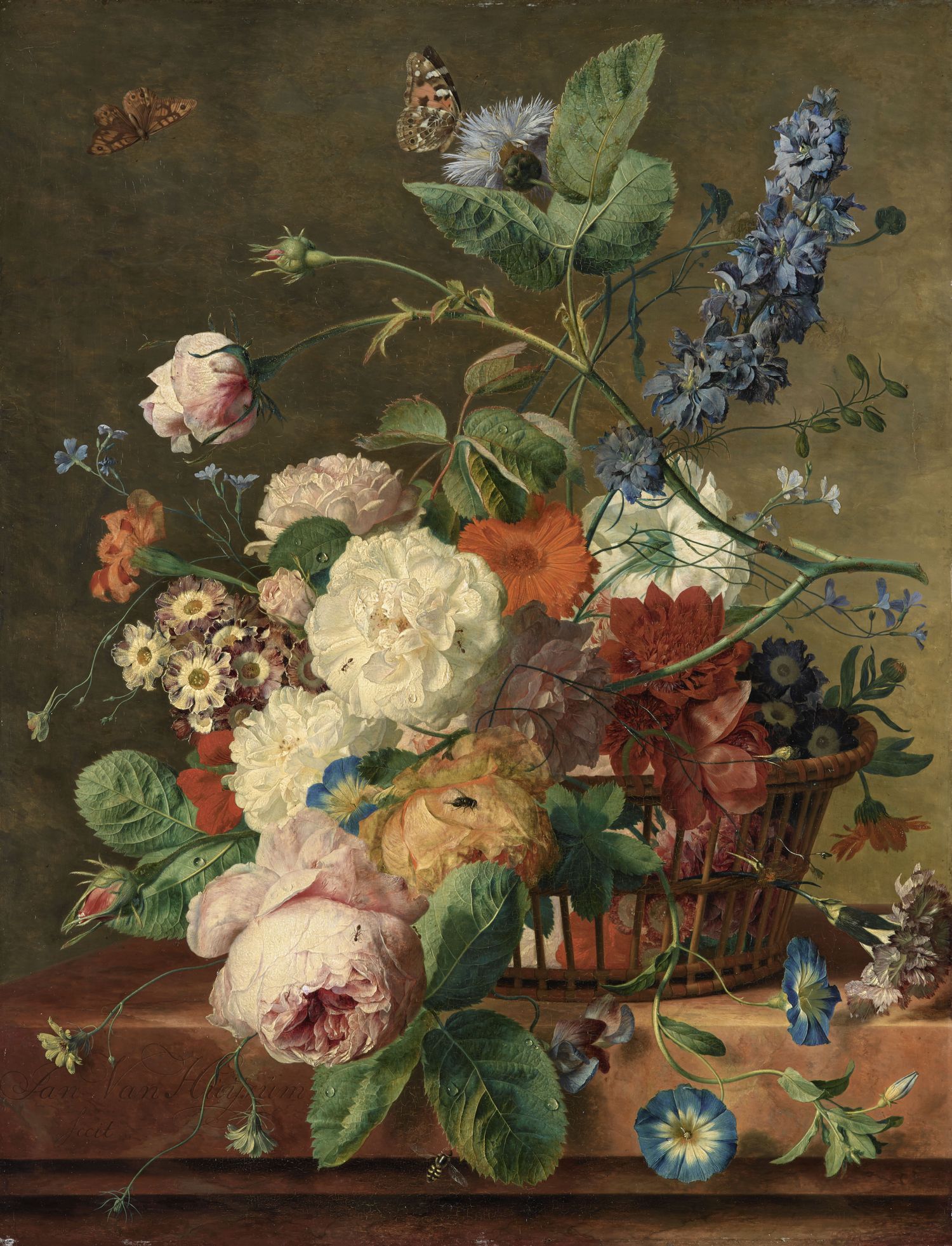 Corbeille de fleurs avec deux papillons