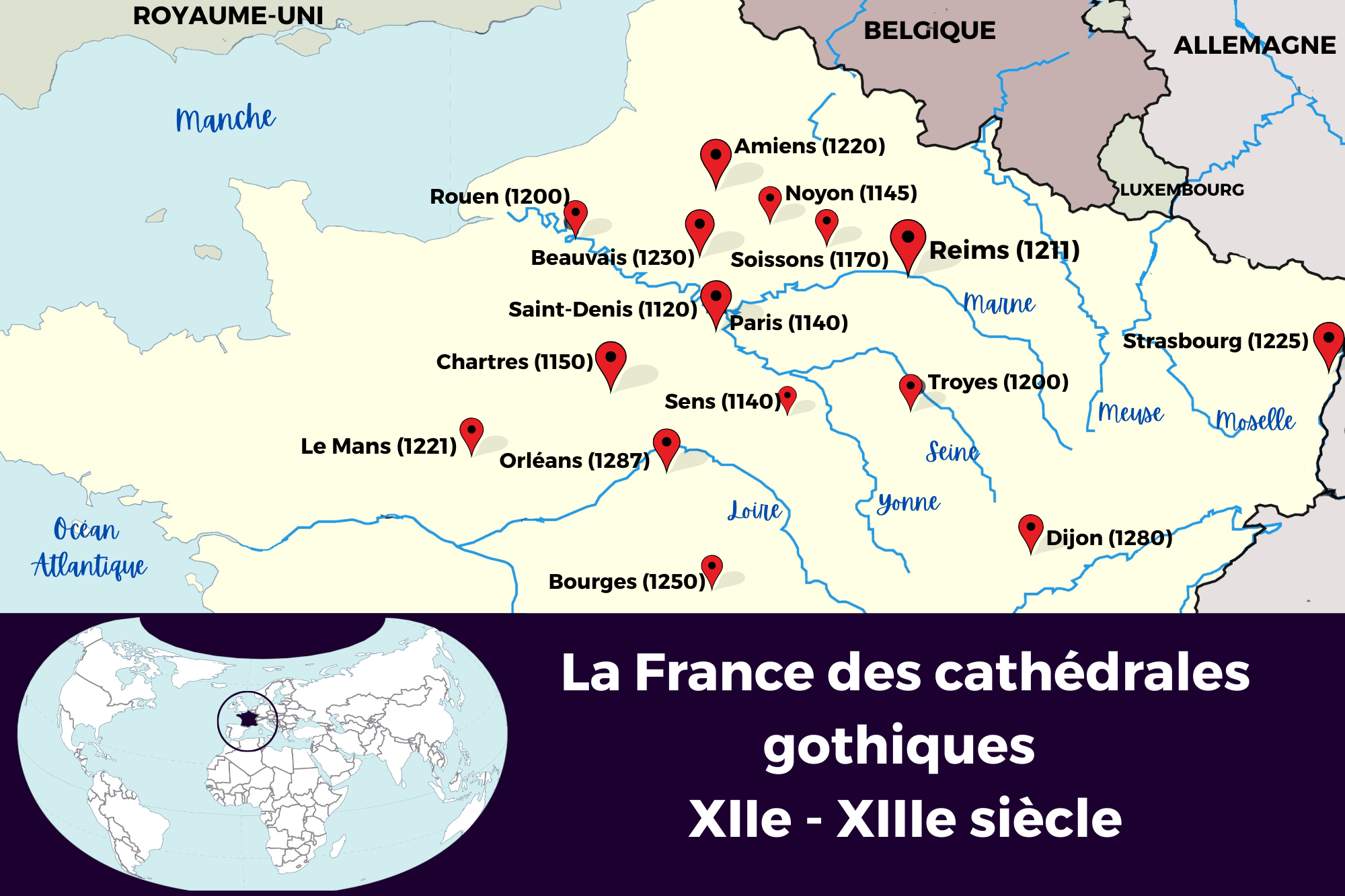 Carte des cathédrales gothiques en France