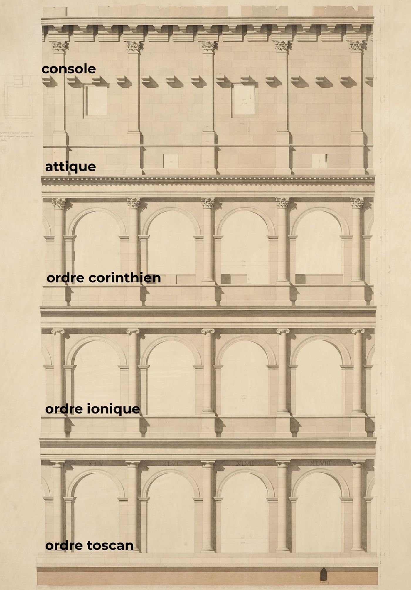 Le Colisée. Élévation de la façade sur le grand acqueduc