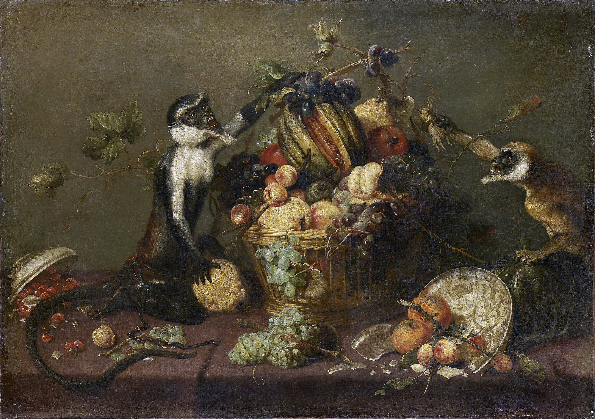 Deux singes pillant une corbeille de fruits Deux singes pillant une corbeille de fruits