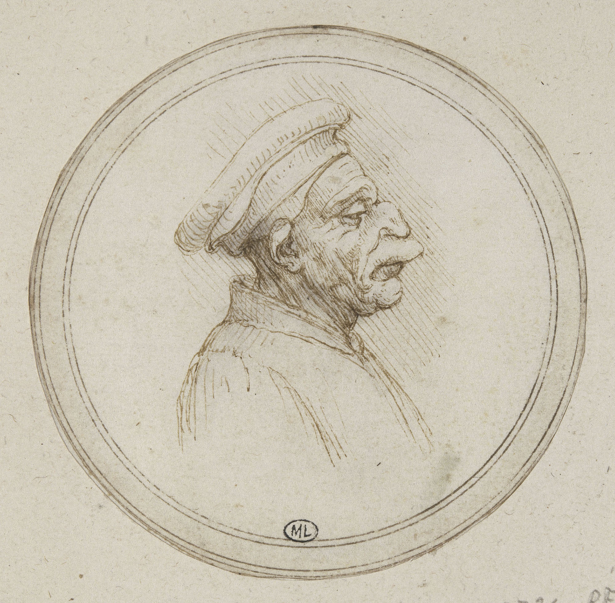 Vieil homme en buste de profil à droite, avec un bonnet rond