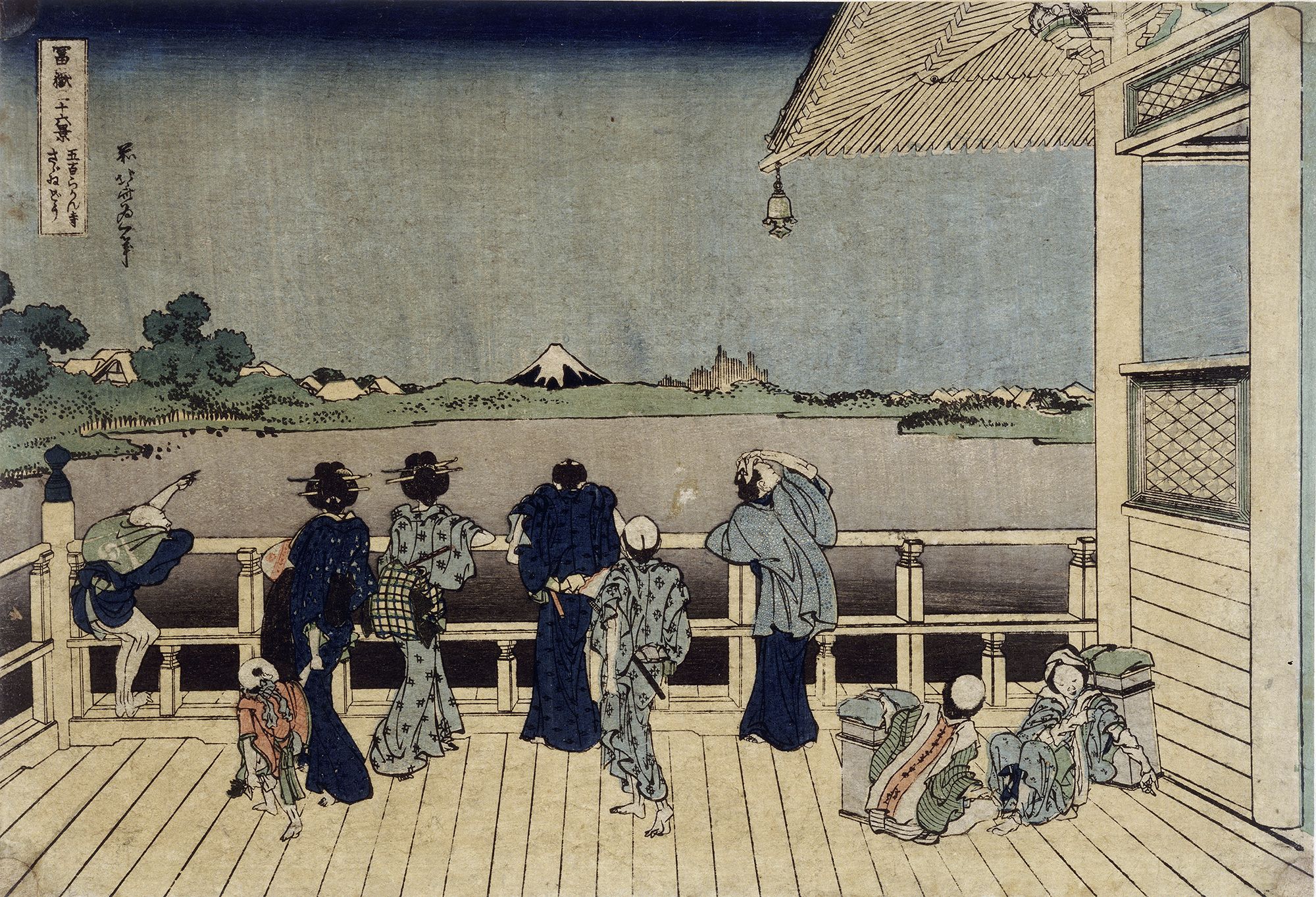 Personnages contemplant le mont Fuji d’une terrasse