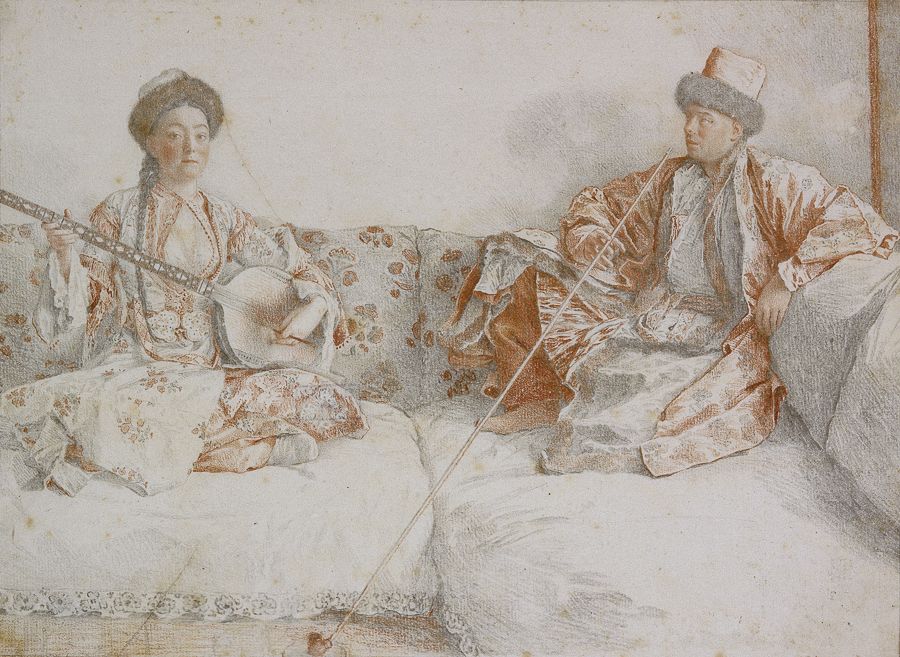 Jeune Tatare jouant du tamboura et homme fumant assis sur un divan Jeune Tatare jouant du tamboura et homme fumant assis sur un divan
