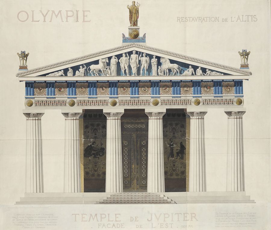Olympie. Restauration de l’Altis. Temple de Jupiter, façade de l’est Olympie. Restauration de l’Altis. Temple de Jupiter, façade de l’est