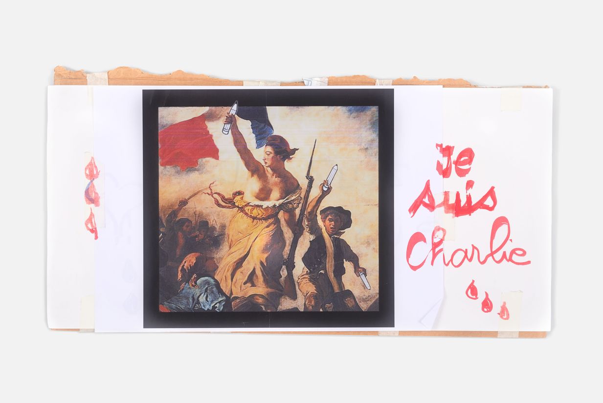 Pancarte avec reproduction du tableau de Delacroix "La Liberté guidant le peuple" Pancarte avec reproduction du tableau de Delacroix "La Liberté guidant le peuple"