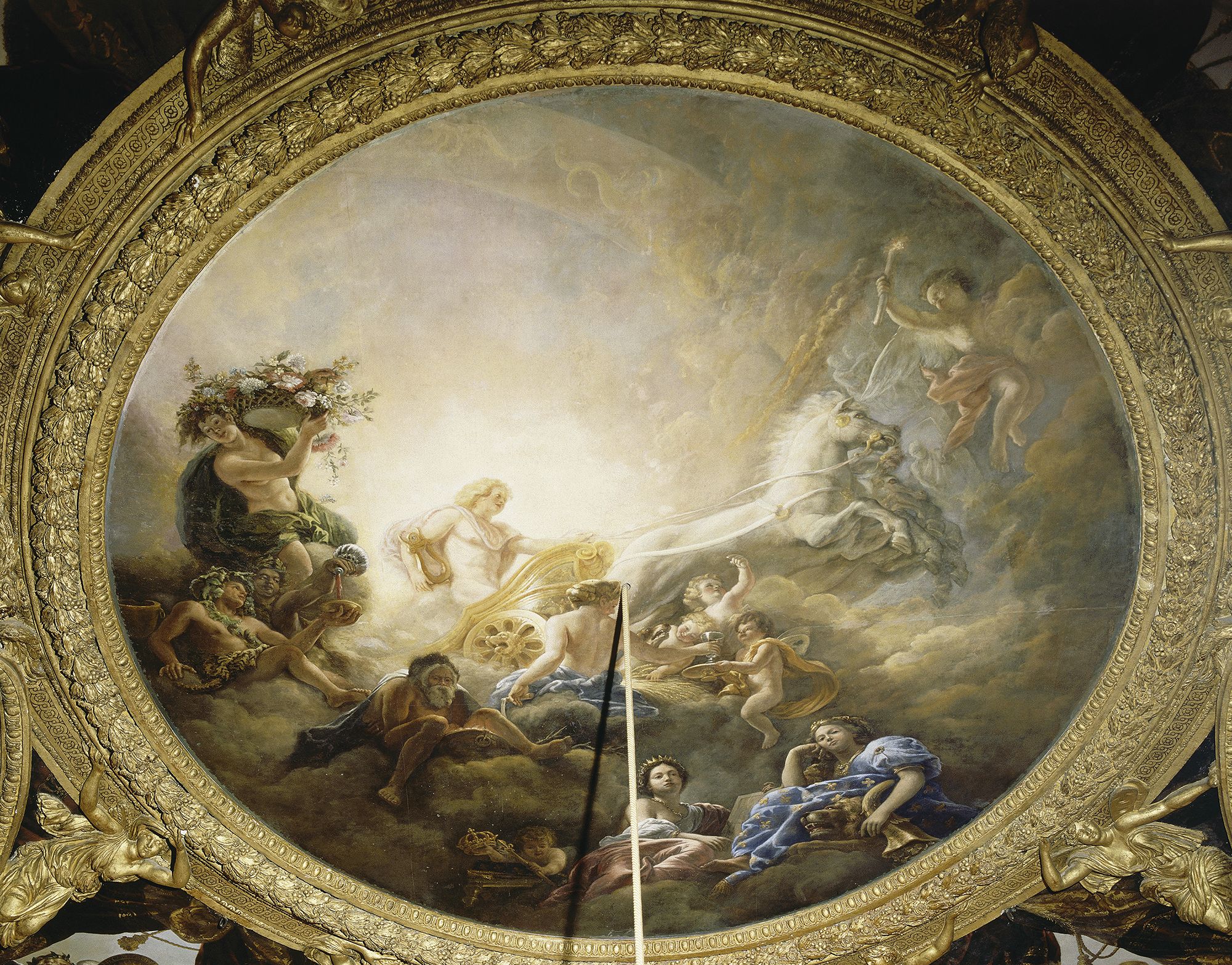 Apollon sur son char tiré par quatre chevaux et accompagné des saisons