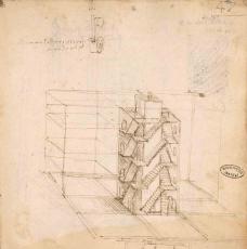 Les carnets de Léonard de Vinci sont annotés de nombreuses observations, recherches, croquis, notamment d’architecture. Cette page nous présente un escalier présentant quatre montées. Sur plan carré, il est adaptable à un plan circulaire. Toutefois, la transposition d’un dessin vers l’architecture est assez complexe pour que l’escalier du château de Chambord soit simplifié à deux montées. 