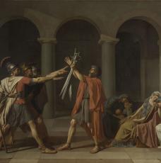 3 personnages en costume antique prêtent serment deavant un autre tenant des épées, 3 femmes assises se recueillent 