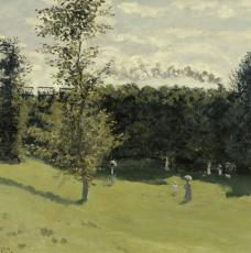 pré et foret avec un train à l'horizon