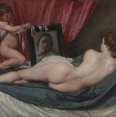 Femme nue allongée sur son lit face à un miroir, un ange lui tient le miroir