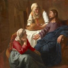 Christ parlant aux deux femmes, il est assis à droite de l'œuvre quand aux deux femmes, l'une à ses pieds et l'autre debout à sa droite lui tendant du pain.