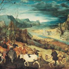 On y voit des paysans guidant leurs vaches, l'un d'eux ferme la marche à dos de cheval