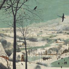 village enneigé et oiseaux