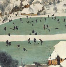lac glacé sur lequel les villageois jouent au curling ou hockey sur glace