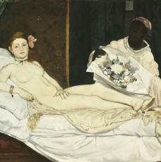 une femme nue allongée avec un chat noir et une servante avec un bouquet