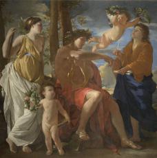 un homme couronné de laurier entouré d'une femme et un d'un jeune homme