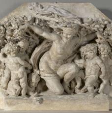 jeune femme nue accroupie avec des putti et une guirlande de fleurs