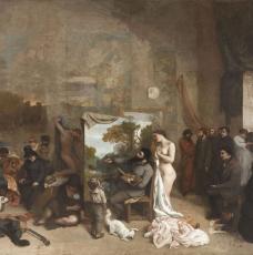 un peintre dans son atelier avec des visiteurs et une femme nue