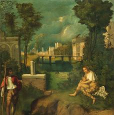 jeune femme allaitant dans un paysage boisé, un jeune homme tenant une lance