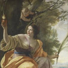 femme drapée en jaune tenant un coeur