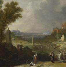 une femme découvre un berceau dans une rivière, paysage