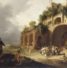 scène avec Jésus sur fond de ruines romaines