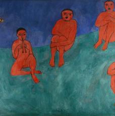 musiciens nus assis sur fond bleu