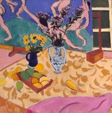 table avec fruits et fleurs, un tableau représentant une ronde d'hommes nus