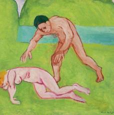 femme nue allongée sur de l'herbe, un homme dbout à coté