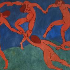 hommes nus dansant en rond sur un fond bleu
