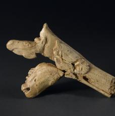 Fragment de propulseur sculpté et gravé de trois têtes de chevaux à trois âges différents