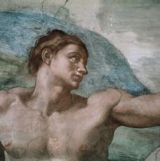Michelangelo Buonarroti dit Michel-Ange (1475-1564), La Création d’Adam (détail d’Adam). 1508-1512, peinture (fresque ; pigments à l’eau sur enduit frais). Vatican, chapelle Sixtine