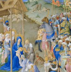 Hermann, Paul et Jean de Limbourg (vers 1385/88-1416), Les Très Riches Heures du duc de Berry (Les Heures de la Vierge : L’Adoration des Mages [détail]). 1411-1416, peinture sur parchemin (vélin), 29 × 21 cm. Chantilly, musée Condé (no inv. Ms65-folio52-recto