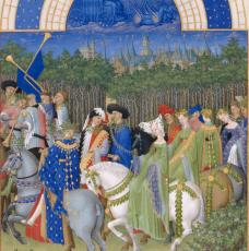 Hermann, Paul et Jean de Limbourg (vers 1385/88-1416), Les Très Riches Heures du duc de Berry (calendrier : le mois de mai [vue rapprochée]). 1411-1416, peinture sur parchemin (vélin), 29 × 21 cm. Chantilly, musée Condé (no inv. Ms65-folio5-verso)