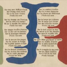 Fernand Léger (1881-1955), Liberté, poème de Paul Éluard. Avril 1963, tapisserie (tissée par les ateliers Tabard à Aubusson, Creuse ; d’après une illustration de Fernand Léger pour une sérigraphie tirée en 250 exemplaires par les éditions Seghers en 1953), 144 × 541 cm. Biot, musée national Fernand-Léger (no inv. MNFL02071)