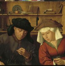Quentin Metsys (1466-1530), Le Prêteur et sa femme (Le Changeur et sa femme [détail de la partie supérieure]). 1514, huile sur bois, 70 × 67 cm. Paris, musée du Louvre (no inv. INV. 1444)
